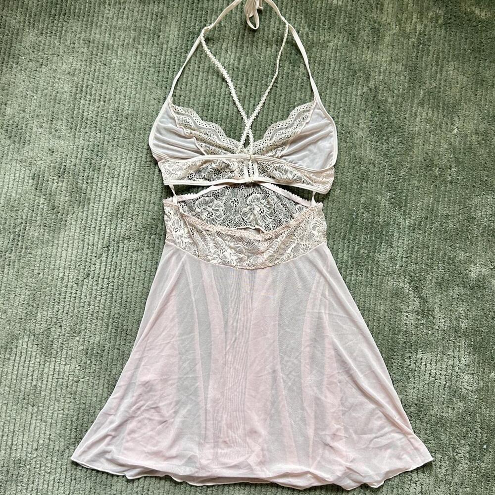Pink Lace Halter Lingerie Dress — Sheer Cut-Out Detail, Size M